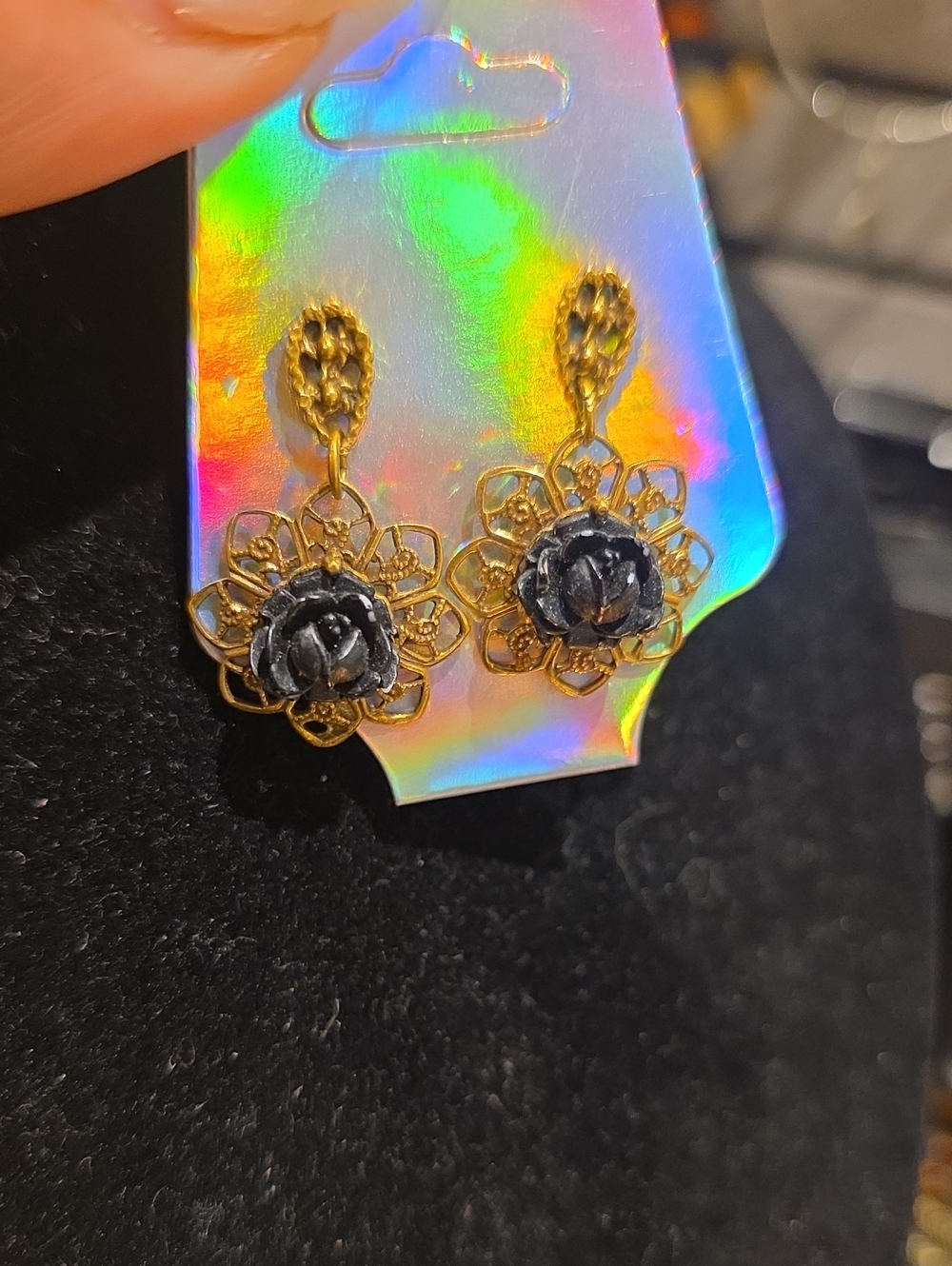 Gold Filigree Drop Earrings with Black Rose Accent